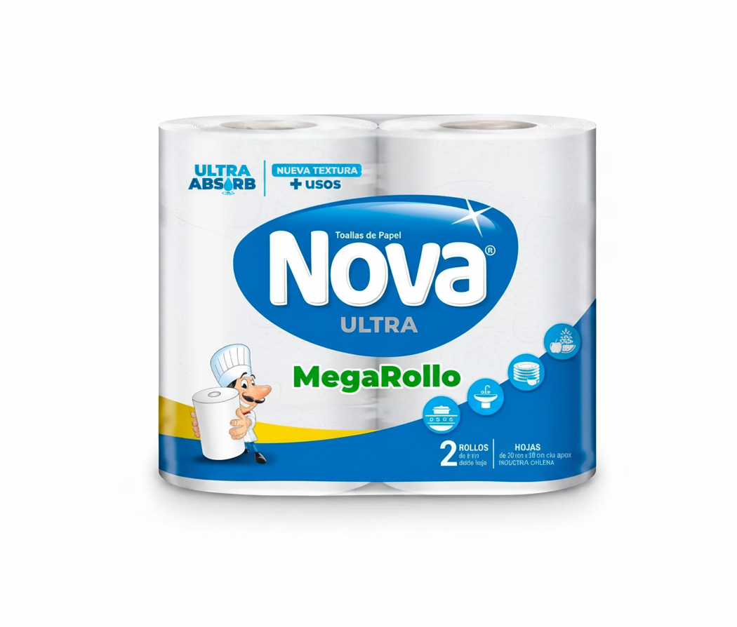 MANGA TOALLA ABSORVENTE PAPEL NOVA MEGA ROLLO - 8 PAQ DE 2 UN